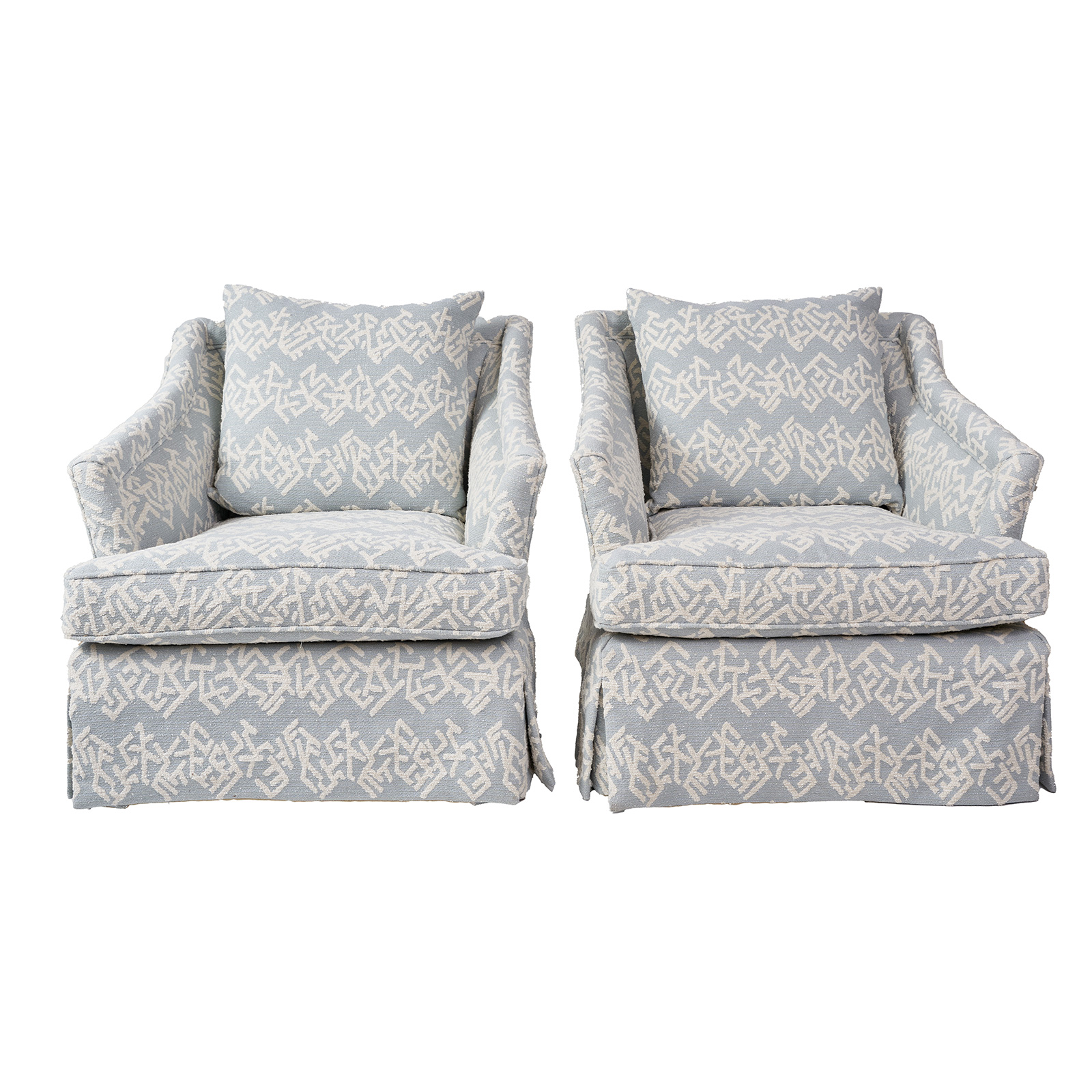 Pair of Custom Ferrick Mason Swivel Club Chairs Upholstered in Arthur Woven Light Blue with Back Pillow