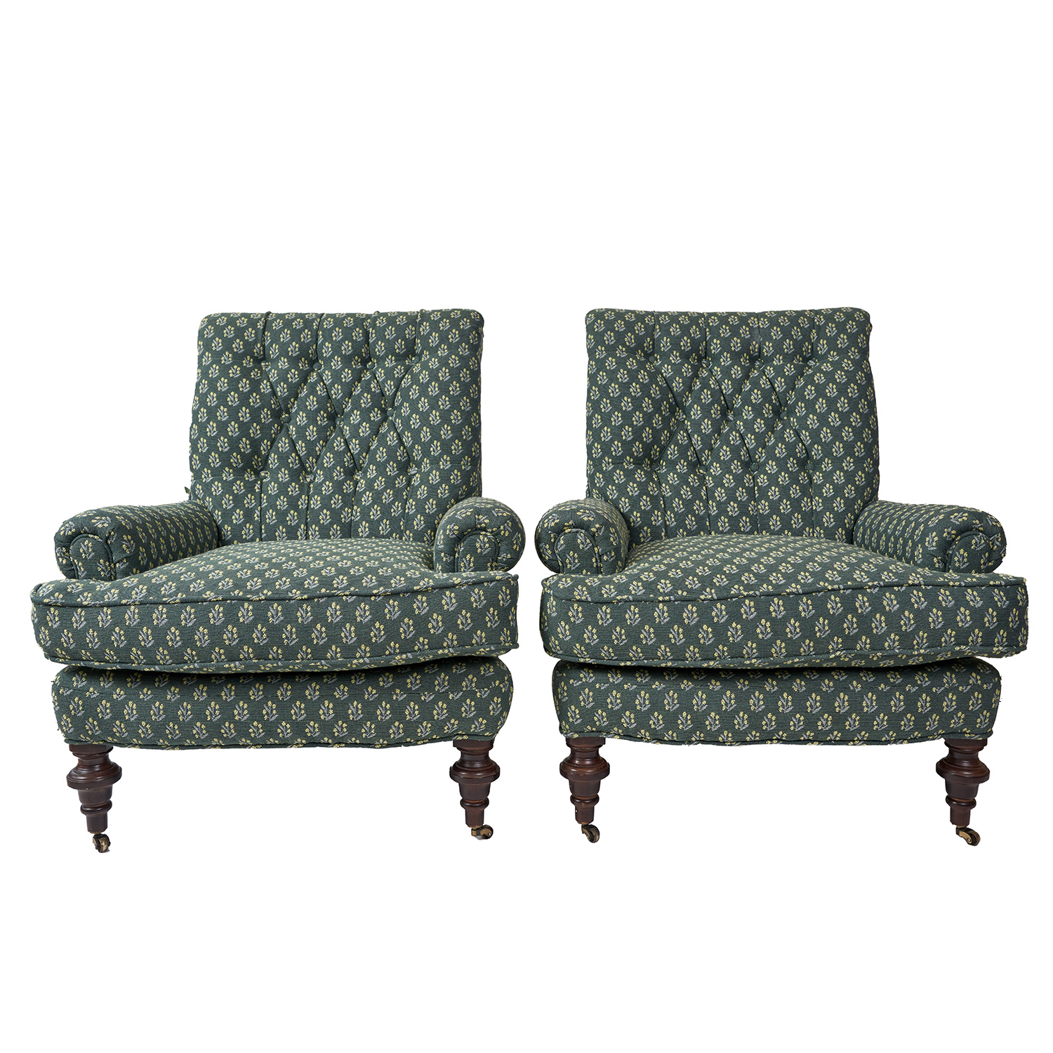 Pair of Tufted Arm Chairs Upholstered in Ferrick Mason Caroline Forest Woven